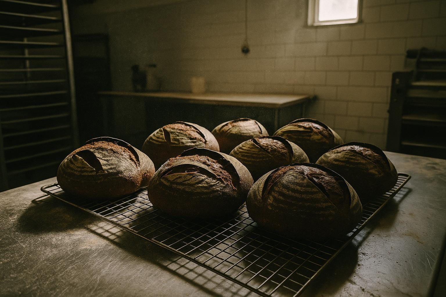 Scored sourdough loaves cooling on a rack in a bakery