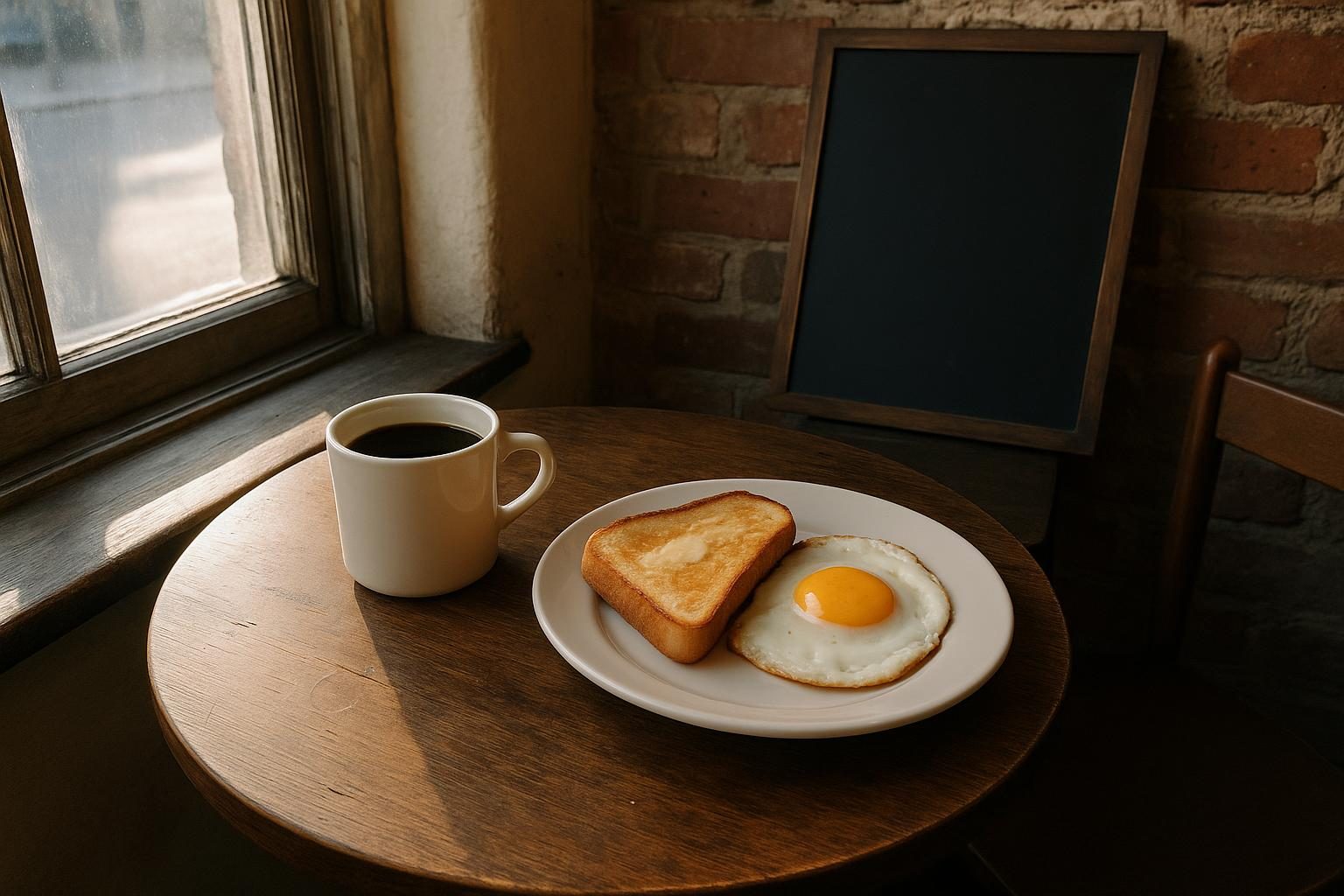 A mug, a fried egg and toast on a round table by a window, brick wall behind