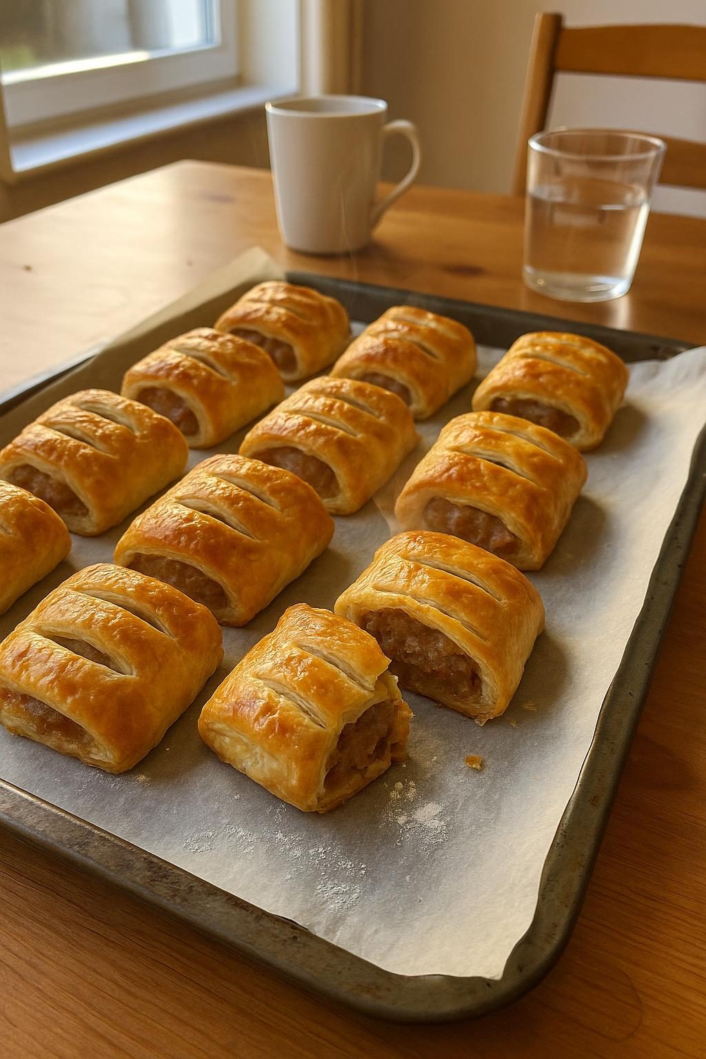 A tray of sausage rolls cooling on greaseproof paper