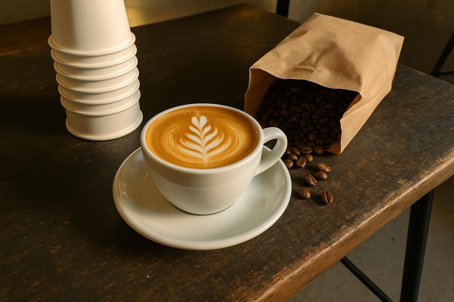 A flat white on a timber counter beside stacked takeaway cups and an open bag of beans