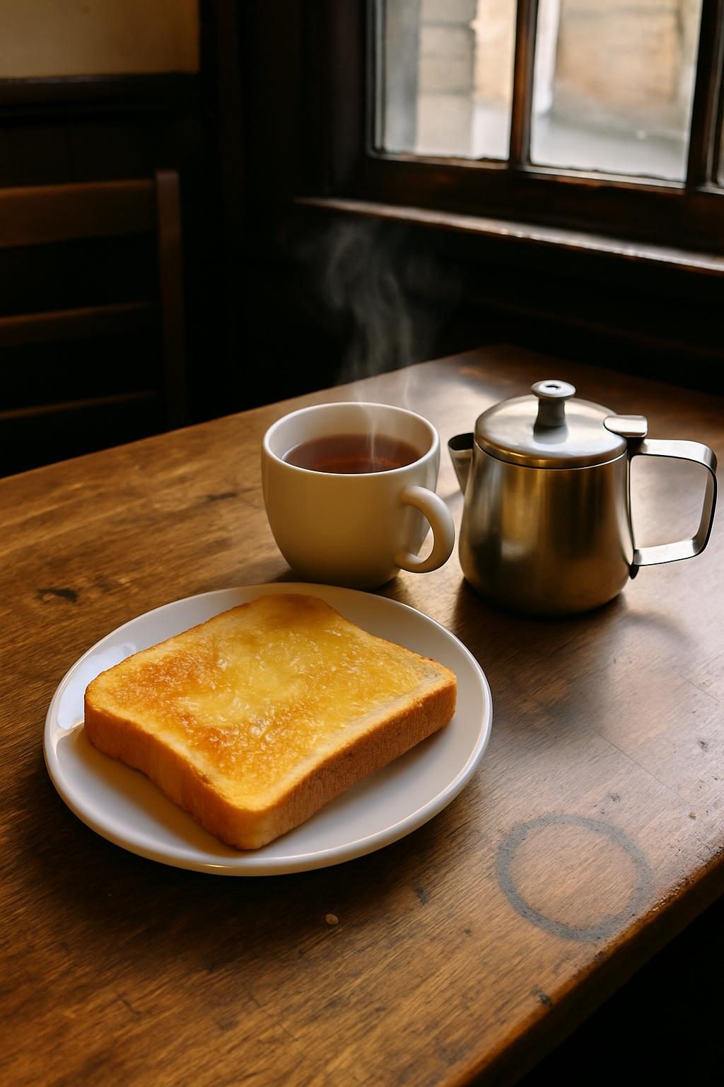 Buttered toast on a plate with a small metal teapot on a worn table
